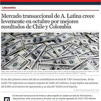 Mercado transaccional de A. Latina crece levemente en octubre por mejores resultados de Chile y Colombia